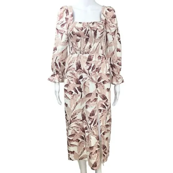 House of Harlow 1960 NWT Linen Blend Long Puff Sleeve Smocked Midi Dress Size XS House of Harlow 1960 NWT Linen Blend Long Puff Sleeve Smocked Midi Dress Size XS